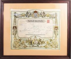 Segédlevél. A Budapesti Egyesült Lakatos Stb. Ipartestület nevében kiállított, színes kőnyomatú okle...