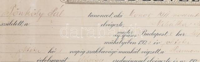 Segédlevél. A Budapesti Egyesült Lakatos Stb. Ipartestület nevében kiállított, színes kőnyomatú okle...