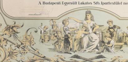 Segédlevél. A Budapesti Egyesült Lakatos Stb. Ipartestület nevében kiállított, színes kőnyomatú okle...