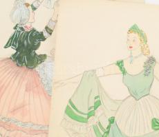 Sebestyén jelzéssel: Jelmeztervek, 13 db. Akvarell, ceruza, papír, lapméret: 30,5x21,5 cm