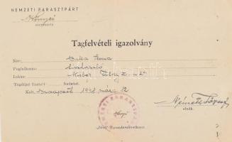 1948 Bp., a Nemzeti Parasztpárt környei szervezetének tagfelvételi igazolványa