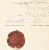 1925 Bp., M. kir. posta- és távirdatisztképző tanfolyam bizonyítványa, aláírásokkal, 5000K okmánybél...