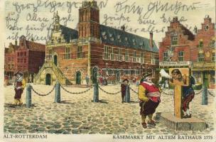 Rotterdam cheese market, Rossem´s Inn and old town hall in 1775 litho