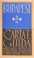 1935 Budapest Carta e Guida. Bp., Ufficio Turistico Municip., kétoldalas olasz nyelvű turista kalauz, fekete-fehér fotókkal, benne nem csak budapesti, hanem magyar információkkal is, valamint Budapest térképpel, térkép: 45x41 cm