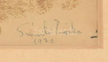 Szántó Piroska (1913-1998): Régi szerb temetői korpusz. Monotípia, papír, jelzett. Üvegezett fakeret...