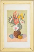 Jánosi Sándor (1927-1982): Csendélet. Színes linómetszet, papír. Jelzett. Üvegezett fakeretben, 33×2...