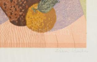 Jánosi Sándor (1927-1982): Csendélet. Színes linómetszet, papír. Jelzett. Üvegezett fakeretben, 33×2...