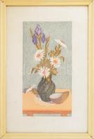 Jánosi Sándor (1927-1982): Margaréták. Színes linómetszet, papír. Jelzett. Üvegezett fakeretben, 36×...