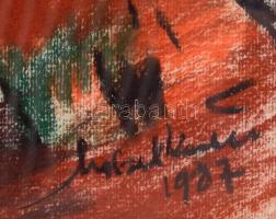 Olvashatatlan jelzéssel, feltételezhetően erdélyi magyar festő: Hegyvidéki táj, 1987. Kréta, papír. ...