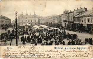 Máramarossziget, Sighetu Marmatiei; Fő tér, piac, üzletek. Wizner és Dávid kiadása / main square, market, shops (EB)