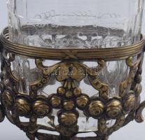 Szecessziós alpakka kínáló és kúrapohár, előbbi nem beleillő üvegbetéttel, fedéllel, 24x14 cm, m: 12...