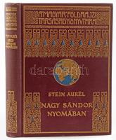 Stein Aurél (1862-1943): Nagy Sándor nyomában Indiába. Ford.: Halász Gyula. Magyar Földrajzi Társaság Könyvtára. Bp.,[1931], Franklin, 1 t. (címkép)+183 p.+32 (kétoldalas fekete-fehér képtáblák). Két egészoldalas térképpel. Kiadói dúsan aranyozott egészvászon sorozatkötésben, jó állapotban