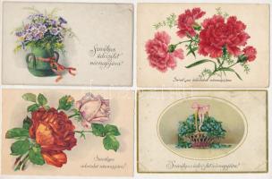 21 db RÉGI motívum képeslap vegyes minőségben: virágos üdvözlőlapok / 21 pre-1945 motive postcards in mixed quality: flower greetings