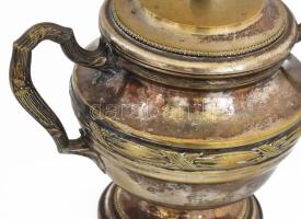 Szecessziós ezüstözött alpakka teaszervírozó szett: tálca, kiöntő, cukortartó. Jelzett, kopással. Cs...