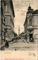 1904 Kassa, Kosice; Fazekas utca, Otthon kávéház, Vitéz A. üzlete. Nyulászi Béla kiadása / street view, café, shop + "KASSA - BUDAPEST 10. SZ. A" vasúti mozgóposta bélyegző (EK)