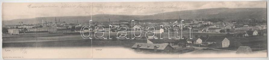 1904 Kassa, Kosice; látkép. 3-részes kihajtható panorámalap. Nyulászi Béla kiadása / 3-tiled folding panoramacard (hajtásnál szakadt / torn at fold)