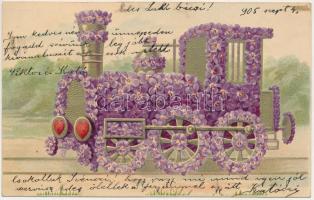 1905 Dombornyomott virágos gőzmozdony, vonatos üdvözlőlap / Embossed locomotive, flower greeting with train. litho