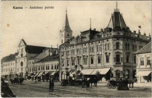 1910 Kassa, Kosice; Andrássy palota és kávéház, drogéria, Gilányi, Varga Bertalan üzlete és saját kiadása / palace and café, drugstore, publisher's shop (EK)