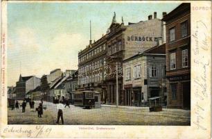 1909 Sopron, Várkerület, Grabenrunde; Utcakép villamossal, Dürböck Lajos kocsifényező, mázoló és címeres szobafestő üzletének reklámja, Brüder kereskedése, Kummert L. utóda kiadása (EK)