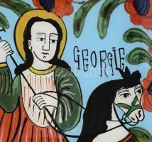 Sárkányölő Szent György. Erdéliy üvegikon, cca 20. sz eleje, füzesmikolai iskola, keretben, teljes m...