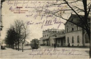 1911 Sopron, Győr-Sopron-Ebenfurti Vasút (GYSEV) vasútállomás, villamos, automobil. Kiadja Bauer D. (fl)