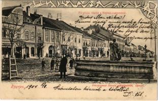 1904 Eperjes, Presov; Fő utca, Neptun-csatorna, Glattstein Henrik, Grieger üzlete, gyógyszertár. Fénynyomat Divald műintézetéből / main street, fountain, shops, pharmacy (EK)