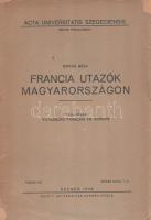 Birkás Géza:  Francia utazók Magyarországon. (Voyageurs francaius en Hongrie.) [A szerző ajándékozási kártyájával.] Szeged, 1948. Szegedi Tudományegyetem (Ablaka György ny.) 228p. Egyetlen kiadás. A kötetben a szerző elhelyezte ajándékozási kártyáját: ,,Tisztelettel a szerző&quot; felirattal. A tartalomból: Francia zarándokok és keresztes vitézek Magyarországon. - Francia beszámoló egy magyar királyi mennyegzőről. - Francia humanisták magyarországi utazásai. - Egy francia asszony-diplomata viszontagságos útja a Felvidéken. - Magyar földön harcoló franciák. - A magyarországi török világ néhány francia tanúja. - II. Rákóczi Ferenc franciái. - Egy belga jezsuita magyarországi vándorlásai. - Előkelő francia emigránsok hazánkban. - Franciák a Dunán. - Az Alföld egy francia szerelmese: Gustave de La Tour. - Francia szemmel Erdélyben. - Francia írónők magyarországi útjai. - Az 1885-iki budapesti kiállítás francia vendégei. - Francia utazók Magyarországon az első világháború előtti évtizedekben. A művelődéstörténeti kuriózumokban gazdag történetek után az összefoglalásban a szerző a francia utazók tipológiáját adja. A kötet végén francia nyelvű rezümé. A címoldalon régi tulajdonosi bejegyzés, a címlevél fűzése meglazult. (Acta Universitatis Szegediensis, Sectio Philologica, Tomus XVI.) Poss.: Vincze István. [Vincze István (1922-1982) néprajztudós, 1955-től a Néprajzi Múzeum munkatársa, 1980-től osztályvezetője. Főként szőlészet- és borászattörténettel foglalkozott.] Fűzve, hiányos gerincű, sérült kiadói borítóban.