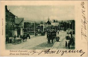 1901 Sopron, Oedenburg; Kossuth út feldíszített magyar címeres villamossal, lovaskocsi. Kummert L. kiadása (EK)