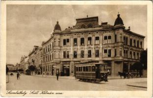 1927 Szombathely, Széll Kálmán utca, villamos, Pauk testvérek üzlete, fodrász. Szilárd felvétele, Donáth Gyula kiadása (EB)