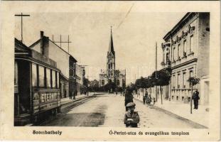 1915 Szombathely, Ó-Perint utca, evangélikus templom, villamos Eternit reklámmal (ázott / wet damage)