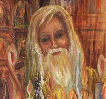 Kertesy Anna (-): Szerb templomban, 1987. Olaj, farost, sérült. 120×80 cm. KIZÁRÓLAG SZEMÉLYES ÁTVÉT...