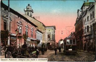 1913 Miskolc, Széchenyi utca, színház, villamos, Liebling üzlete. Grünwald Ignác kiadása (EK)