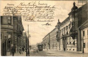 1904 Pozsony, Pressburg, Bratislava; Stefánia út, villamos. Bediene dich allein / street, tram (fl)