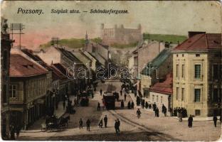 1918 Pozsony, Pressburg, Bratislava; Széplak utca, villamos, Ney Ágoston üzlete, Krausz tejcsarnok / Schöndorfergasse / Obchodná ulica / street, tram, shops (fl)