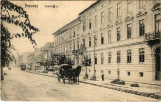 1912 Pozsony, Pressburg, Bratislava; Stefánia út, villamos, lovas hintó, Wendler Gusztáv sütőháza, útépítés. Hardtmuth E. kiadása / street, tram, horse chariot, bakery, road construction (EK)