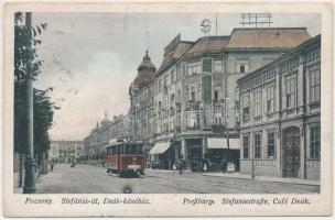 1917 Pozsony, Pressburg, Bratislava; Stefánia út, "A" villamos, Deák szálloda és kávéház / street, tram, hotel and cafe (Rb)