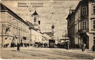 1909 Pozsony, Pressburg, Bratislava; Kórház utca, villamos, Duschinsky üzlete / Spitalgasse / street, tram, shop (EK)