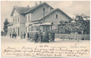 1902 Pozsony, Pressburg, Bratislava; Újvárosi pályaudvar, vasútállomás, villamos. Duschinsky G. kiadása / Nivy (Nové Mesto) railway station, tram