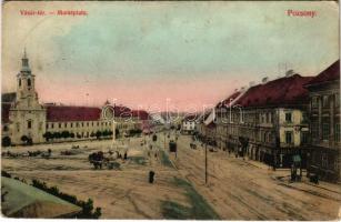 1908 Pozsony, Pressburg, Bratislava; Vásártér, villamosok, Lustig üzlete. Divald Károly 499-1907. / Marktplatz / square, trams, shop (EK)