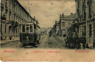 Pozsony, Pressburg, Bratislava; Stefánia út, villamos, lovas hintó. C. Ledermann jr. / street, tram, horse chariot (r)