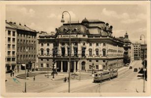 1955 Pozsony, Pressburg, Bratislava; Slov. národné divadlo / színház, üzletek, villamos, Tatra bank / theatre, tram, bank, shops