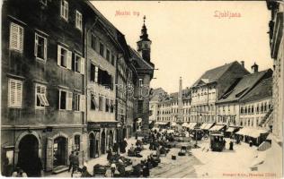 Ljubljana, Laibach; Mestni trg / square, tram, market, shops of F. Hiti and Johann Skotiz. (fl)