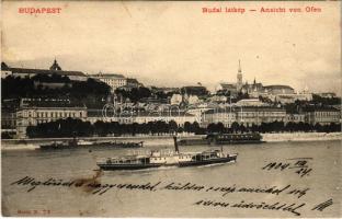 1904 Budapest I. Budai látkép a várral, gőzhajó, Dunai uszoda (fl)