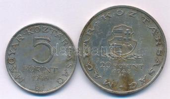 1948. 5Ft Ag "Petőfi" + 20Ft Ag "Táncsics" T:VF anyaghiba, patina Adamo EM1, EM3