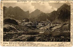 Tátra, Magas-Tátra, Vysoké Tatry; részlet az Öt-tónál a Téry menedékházzal. Kertész Tódor kiadása / Fünf Seen / lake, mountain rest house, tourist house (EK)