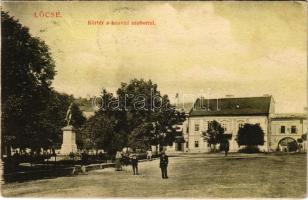 1912 Lőcse, Levoca; Körtér a honvéd szoborral. Braun Fülöp kiadása / square, Hungarian military monument (ázott sarok / wet corner)