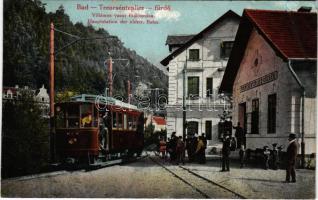 Trencsénteplic, Trencianske Teplice; Villamos vasút főállomása, vasútállomás. Kiadja Wertheim Zsigmond / Hauptstation der elektrischen Bahn / tram station, tramways, railway station (r)