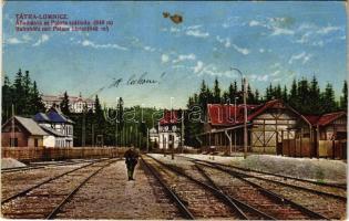 1916 Tátralomnic, Tatranská Lomnica (Tátra, Magas-Tátra, Vysoké Tatry); villamos vasúti állomás, vasútállomás, Palota szálloda. Kuszmann Gyula kiadása / Bahnhöfe mit Palace Hotel / tramway station, railway station, hotel (Rb)