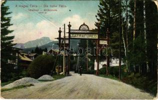 1913 Ótátrafüred, Altschmecks, Stary Smokovec (Magas-Tátra, Vysoké Tatry); Tátrafüred kapuja, villamos. Dr. Trenkler Co. 1906. Tát. 64. / entrance, tram (kopott sarkak / worn corners)