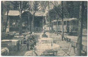 1914 Kassa, Kosice; Csermelyvölgyi villamos végállomás, vasútállomás, vendéglő. Nyulászi Béla kiadása / tramway station, railway station, tram, restaurant (EK)